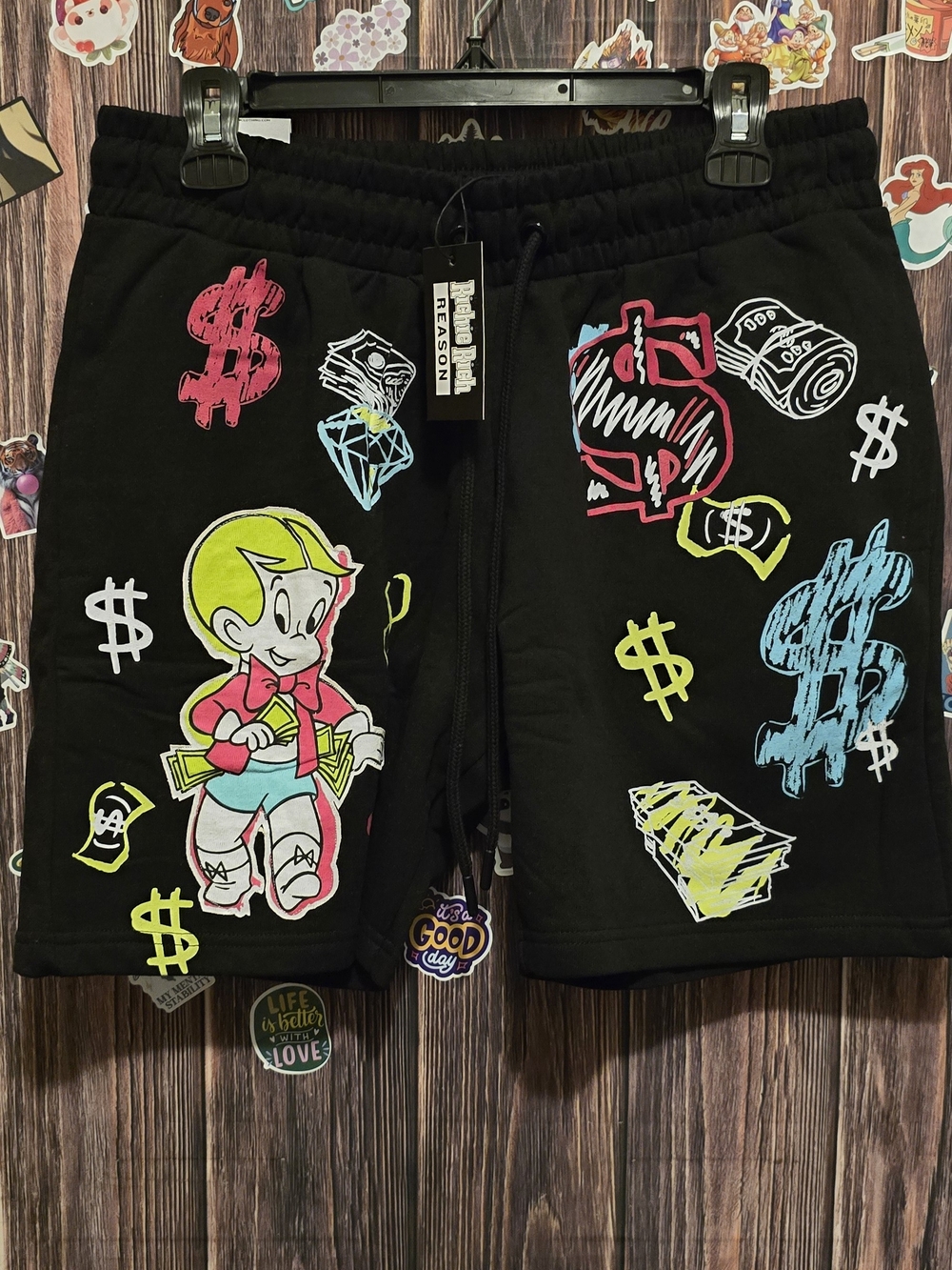 Richie Rich Black Graphic Shorts with Neon Money Print